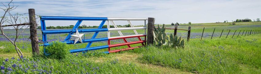 A gate that painted like the Texas flag in Humble, TX, and owned by a rancher who may need a local bail bond someday
