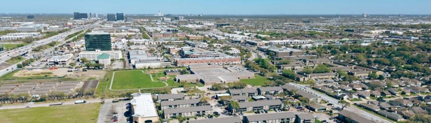 An aerial view in Sharpstown, Texas, whose residents can access a local bail bondsman through All About Bail Bonds