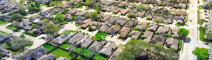 Aerial view of a neighborhood in Harris County, Texas, whose residents can get help with bail from All About Bail Bonds