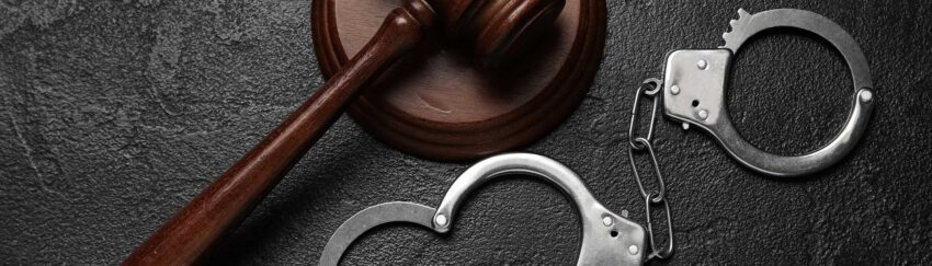 A gavel and handcuffs on a table in Greater Heights, TX, that was in a case where the defendants used a local bail bondsman