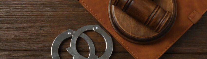 A gavel and handcuffs on a table Edgebrook, TX, that was used in a case where the defendants had bail bonds