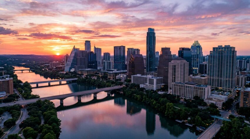 An aerial view of Austin, TX, whose residents can get cheap bail bonds from All About Bails Bonds