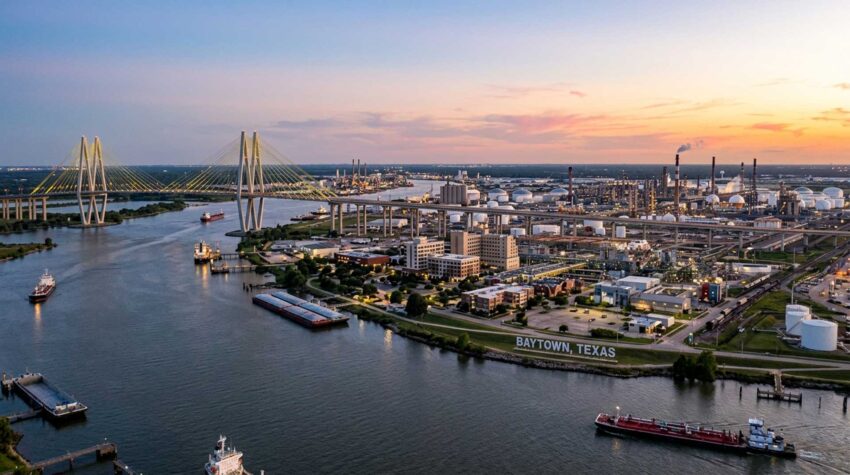 An aerial view of Baytown, TX, whose residents can get 24 hour bail bonds from All About Bail Bonds