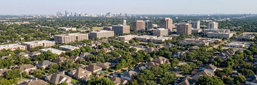 An aerial view of Bellaire, TX, whose residents can get 24 hour bail bonds through All About Bail Bonds