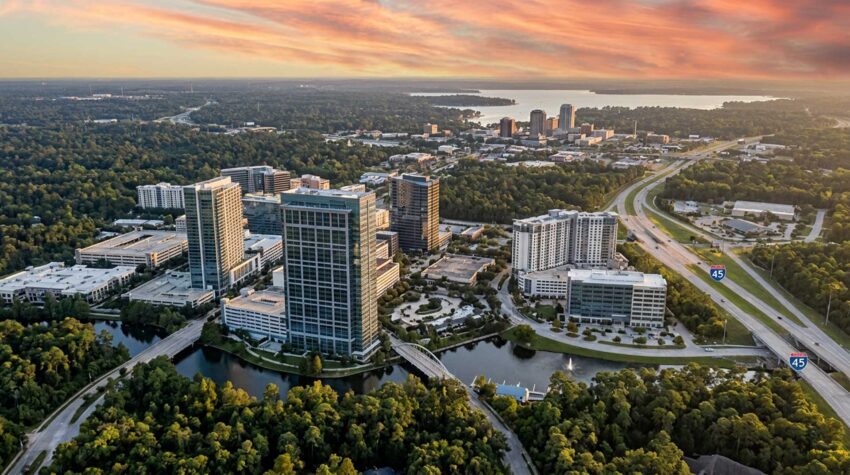 An aerial view of Montgomery County, TX, whose residents can get a walk through bond from All About Bail Bonds